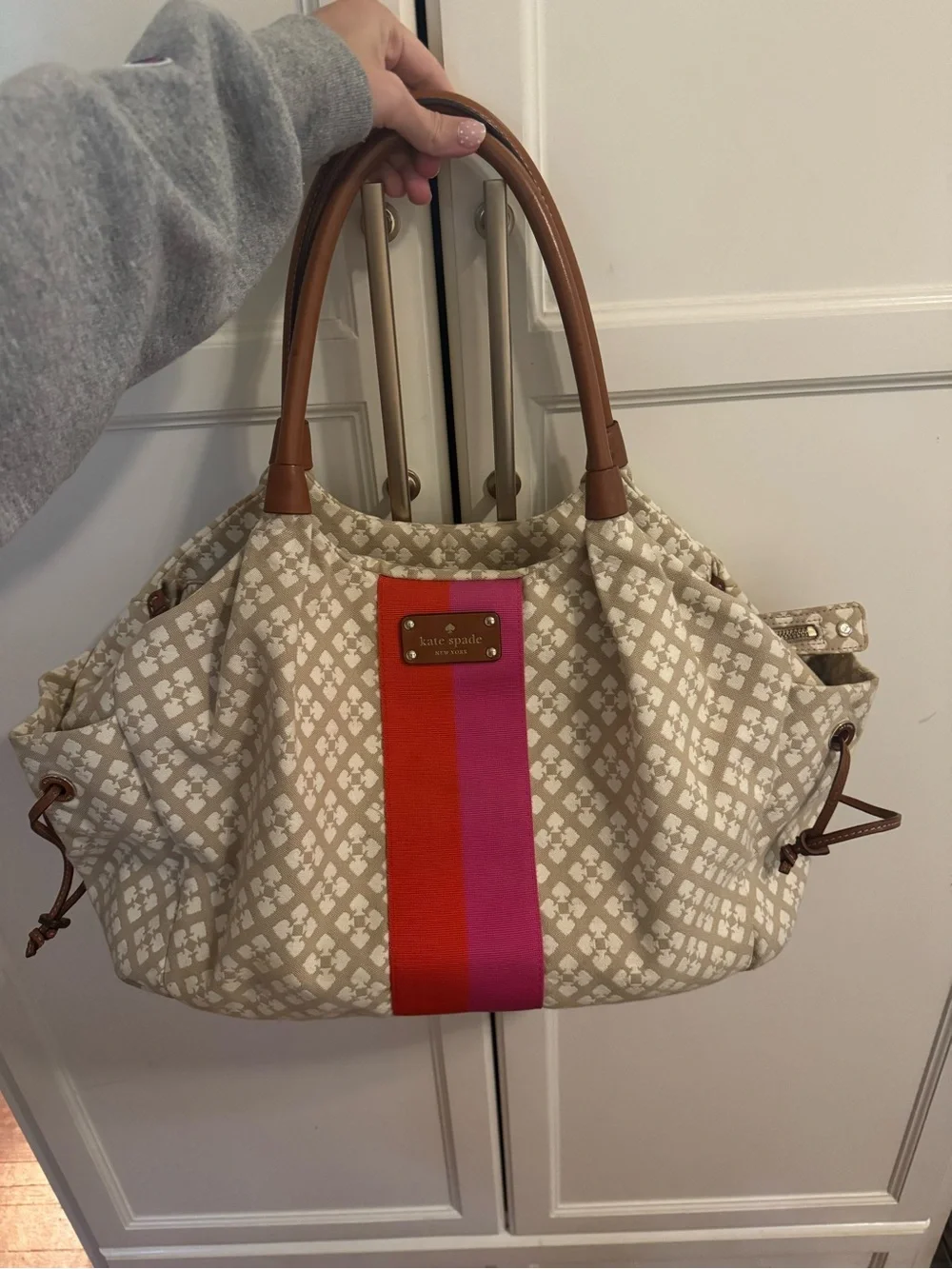 kate spade Beige Canvas Tote/Diaper Bag with Pink and Red Center Stripe